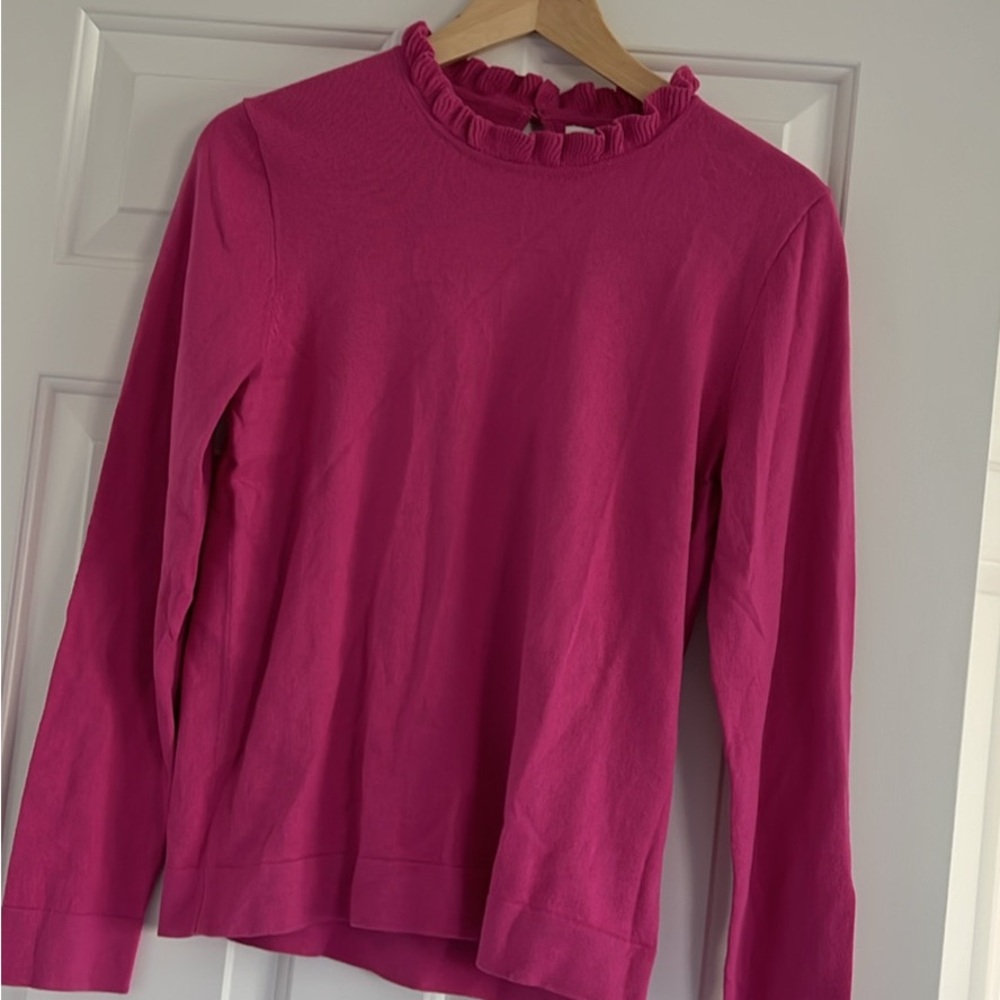 JCREW Fuchsia Long Sleeve Ruffle Neck Sweater Cotton Small NWT